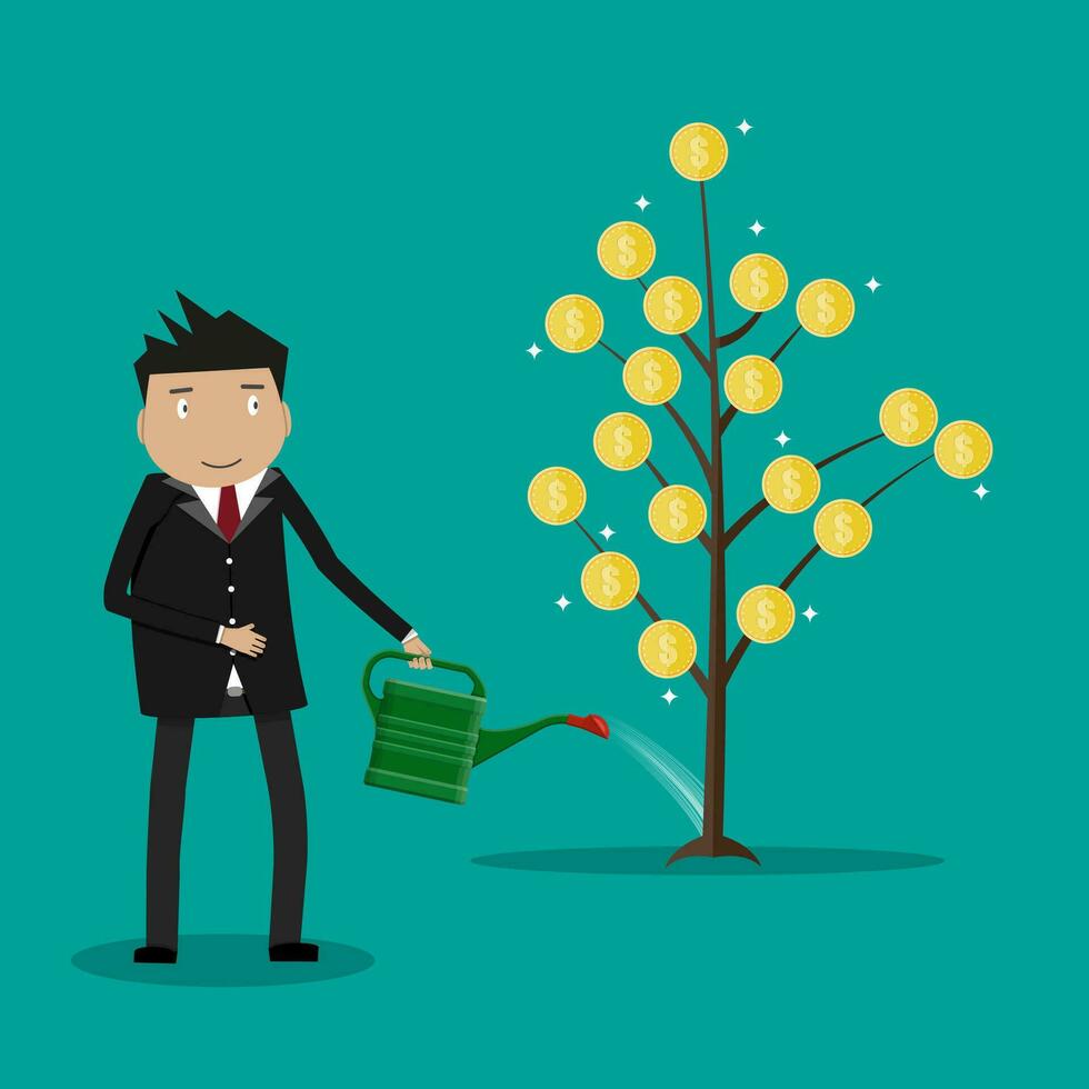 zakenman hand- gieter geld munt boom met kan. groei, investering concept. vector illustratie in vlak stijl