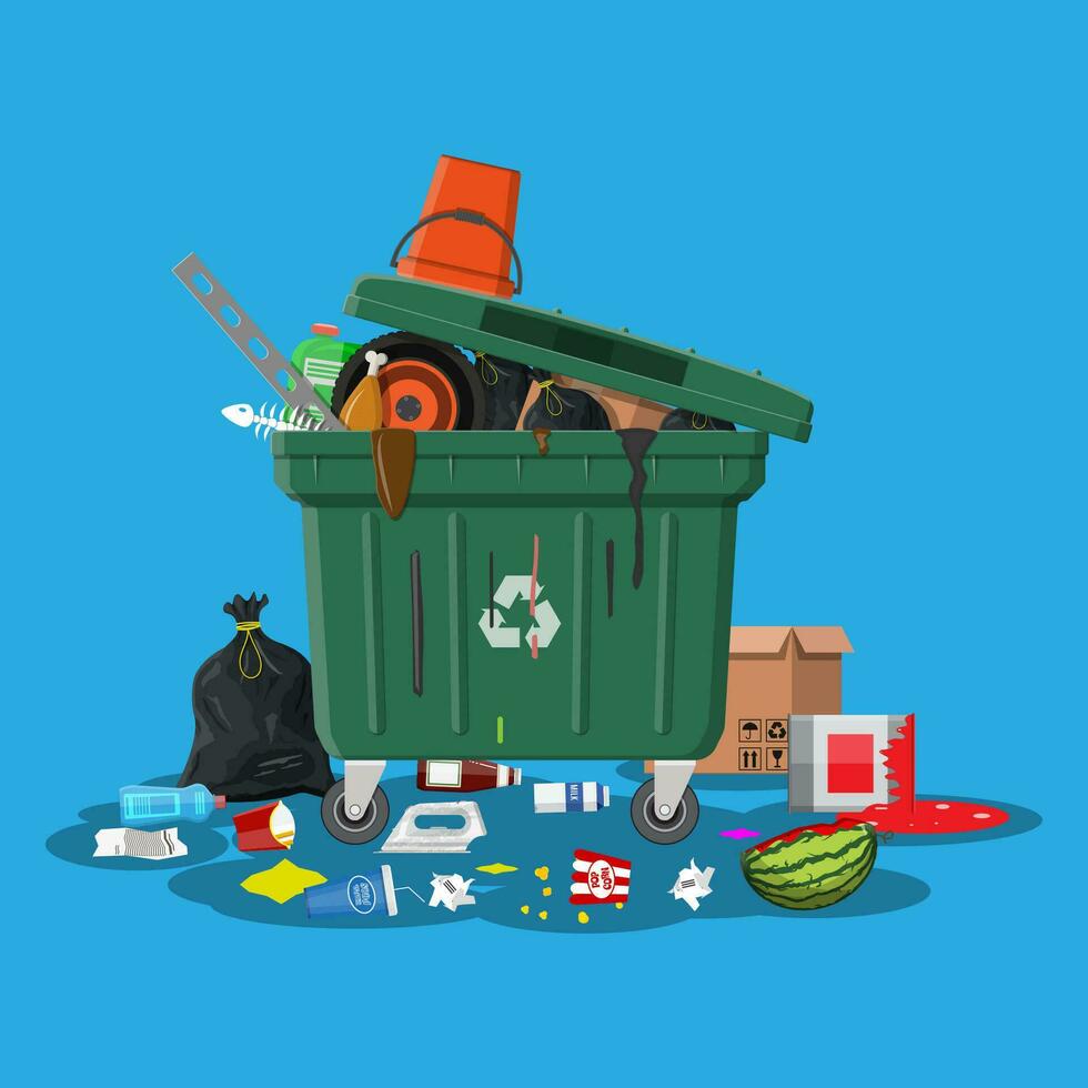 plastic vuilnis bak vol van afval. overlopend afval, voedsel, verrot fruit, papieren, containers en glas. vuilnis recycling en gebruik apparatuur. verspilling beheer vector illustratie in vlak stijl