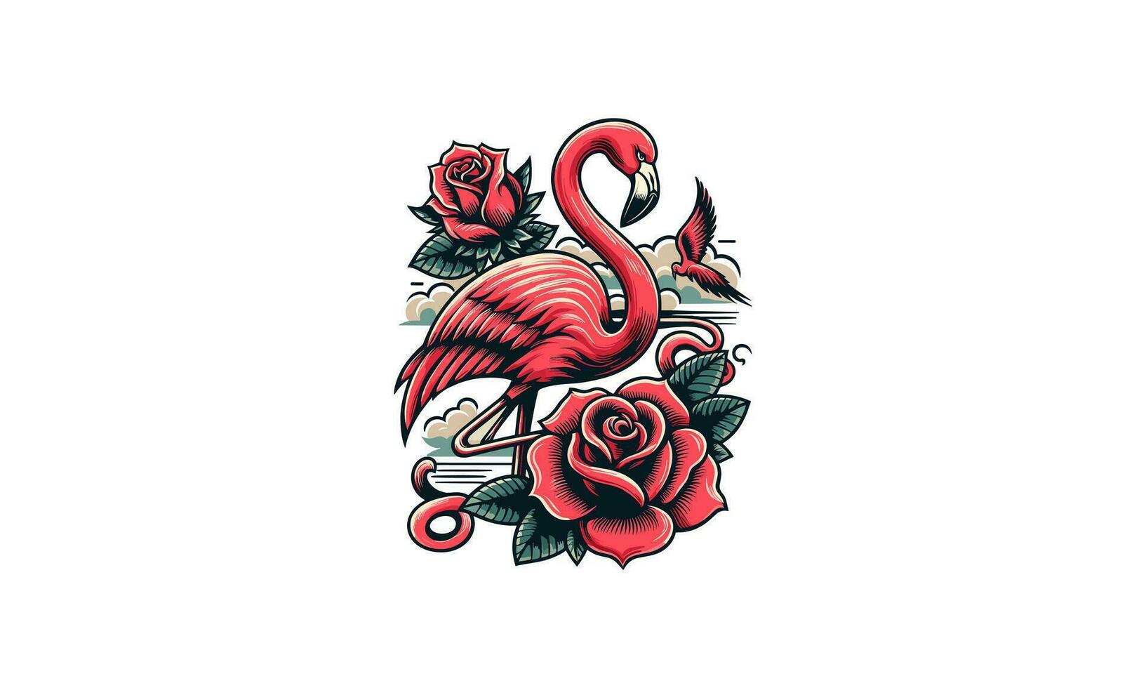 flamingo en rood roos vector illustratie tatoeëren ontwerp
