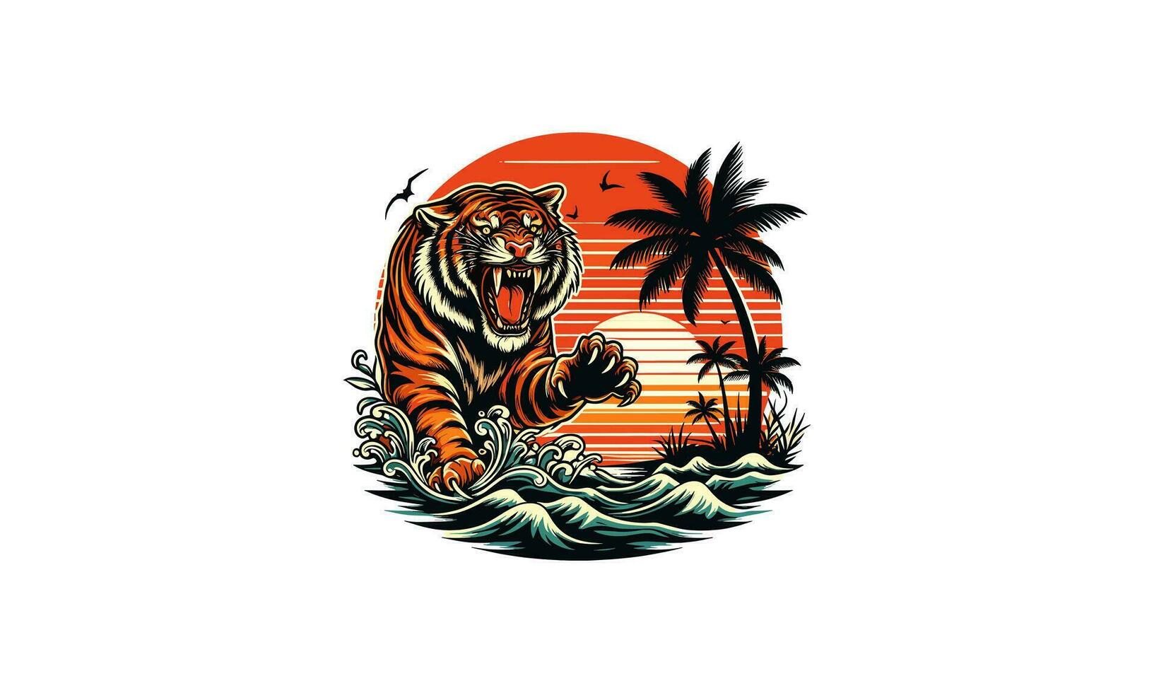 tijger boos en palm Aan zee zonsondergang vector artwork ontwerp