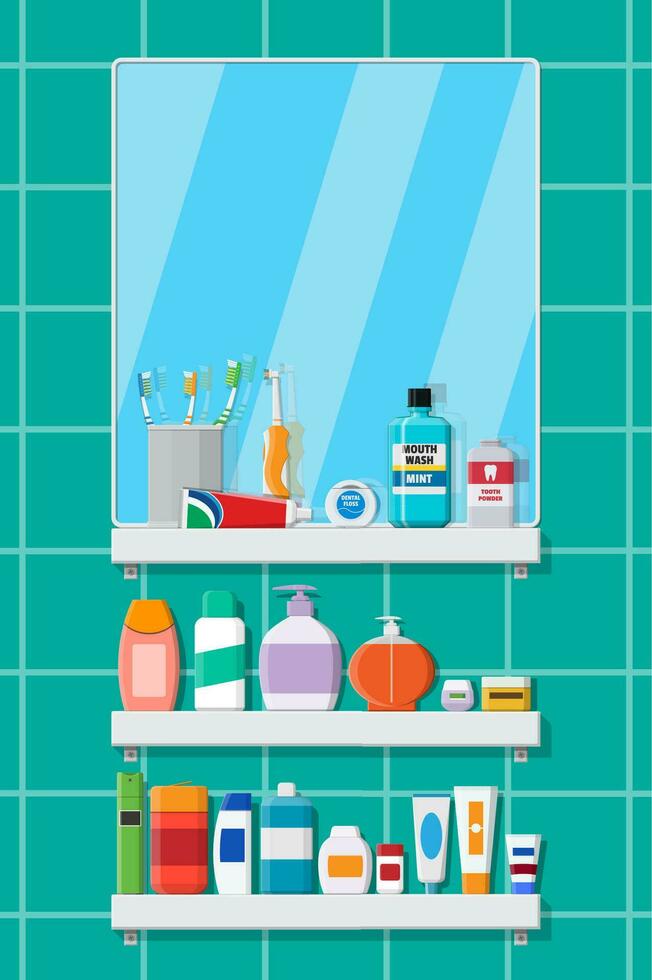badkamer spiegel, tandheelkundig schoonmaak hulpmiddelen, producten voor schoonheid. mondeling zorg en hygiëne producten. tandenborstel, room, Plakken, shampoo, gel, zeep. huid lichaam zorg toiletten. vector illustratie in vlak stijl