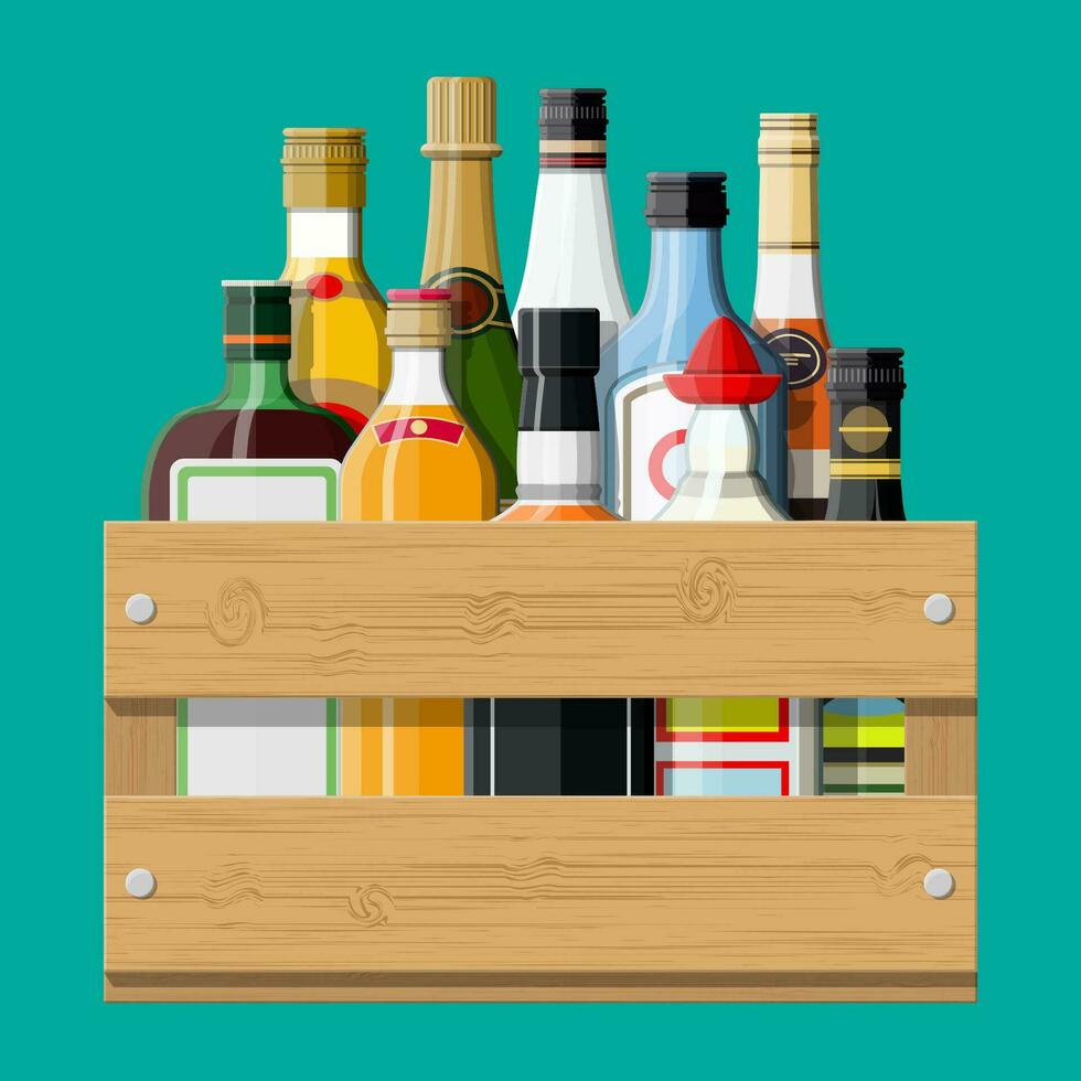 alcohol drankjes verzameling in doos. flessen met wodka Champagne wijn whisky bier brandewijn tequila cognac likeur vermout gin rum absint sambuca cider bourbon. vector illustratie in vlak stijl.