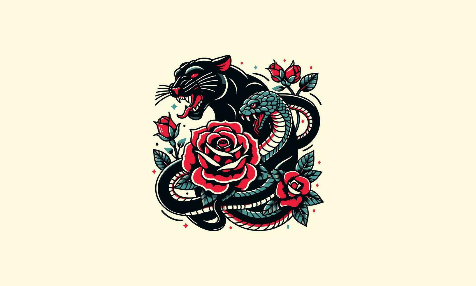 hoofd panter en slang en roos vector tatoeëren ontwerp