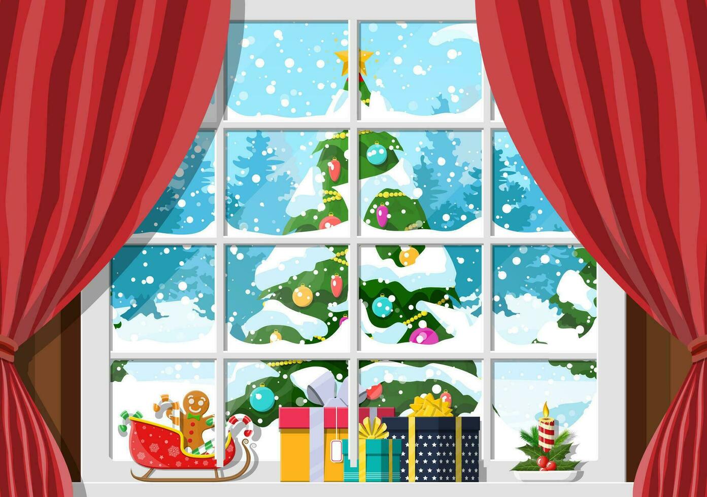 Kerstmis landschap met Woud in venster. interieur van kamer met geschenken. gelukkig nieuw jaar decoratie. vrolijk Kerstmis vakantie. nieuw jaar en Kerstmis viering. vector illustratie vlak stijl