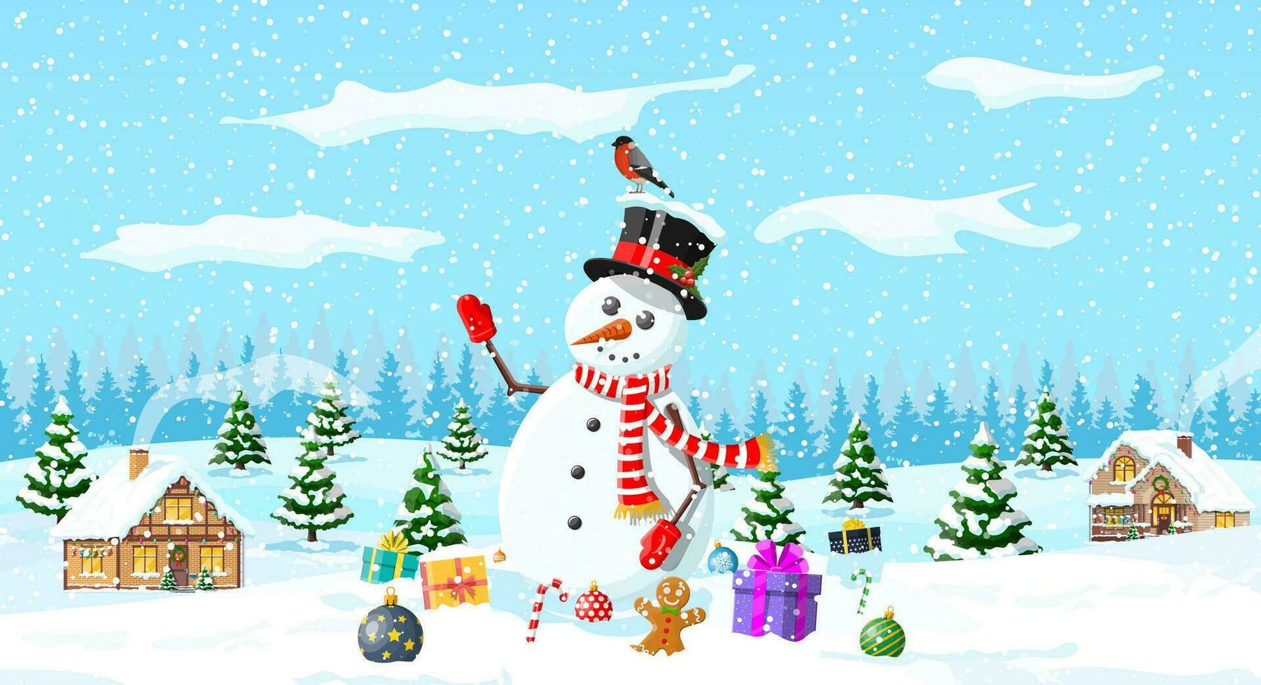 winter Kerstmis achtergrond. sneeuwman, geschenken, pijnboom boom en sneeuw. winter landschap met Spar bomen Woud en dorp. gelukkig nieuw jaar viering. nieuw jaar Kerstmis vakantie. vector illustratie vlak stijl