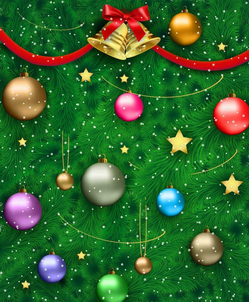 gedateerd Kerstmis boom met rood zilver goud blauw en groen glas ballen, kettingen, sterren, boog met klok Bij lint, sneeuwvlokken. sjabloon voor groet of post- kaart, vector illustratie