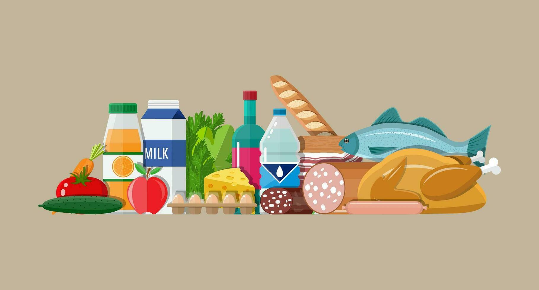 kruidenier set. inclusief vlees vis, salade, brood, melk producten. vector illustratie in vlak stijl