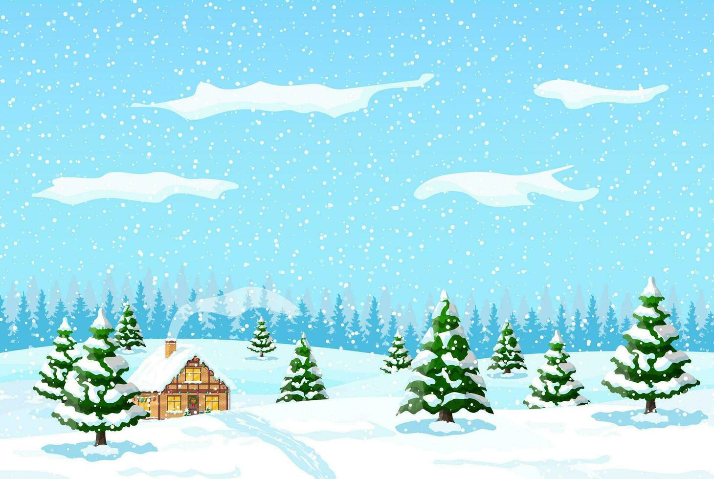 buitenwijk huis gedekt sneeuw. gebouw in vakantie ornament. Kerstmis landschap boom spar, schutting. gelukkig nieuw jaar decoratie. vrolijk Kerstmis vakantie. nieuw jaar Kerstmis viering. vector illustratie