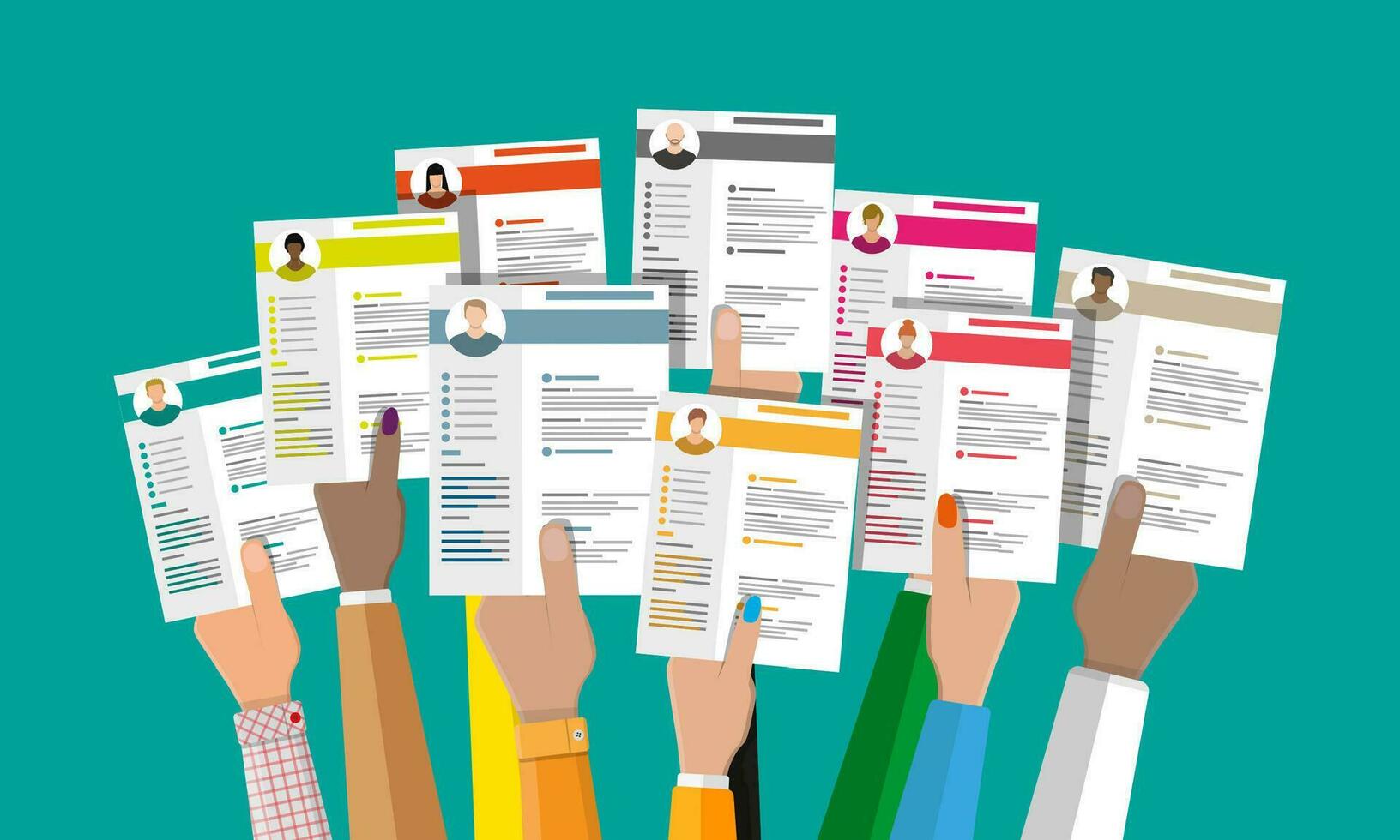 handen Holding CV hervat documenten. menselijk middelen beheer concept, zoeken professioneel personeel, werk. gevonden Rechtsaf cv. vector illustratie in vlak stijl