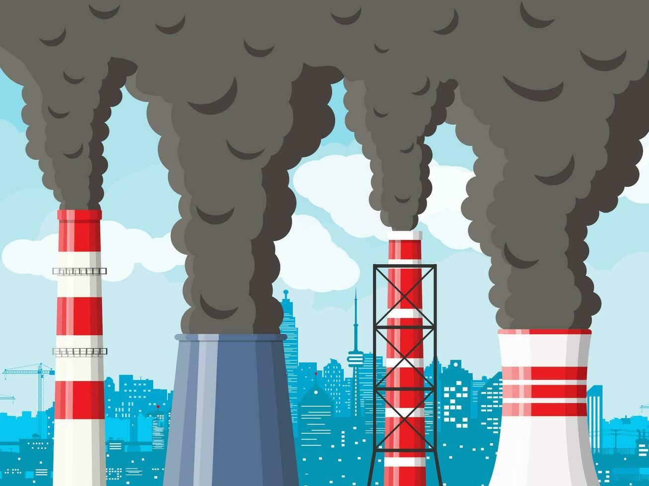 roken fabriek pijp tegen stadsgezicht Doorzichtig lucht. fabriek pijp met donker rook. koolstof dioxide uitstoot. milieu besmetting. verontreiniging van milieu co2. vector illustratie in vlak stijl