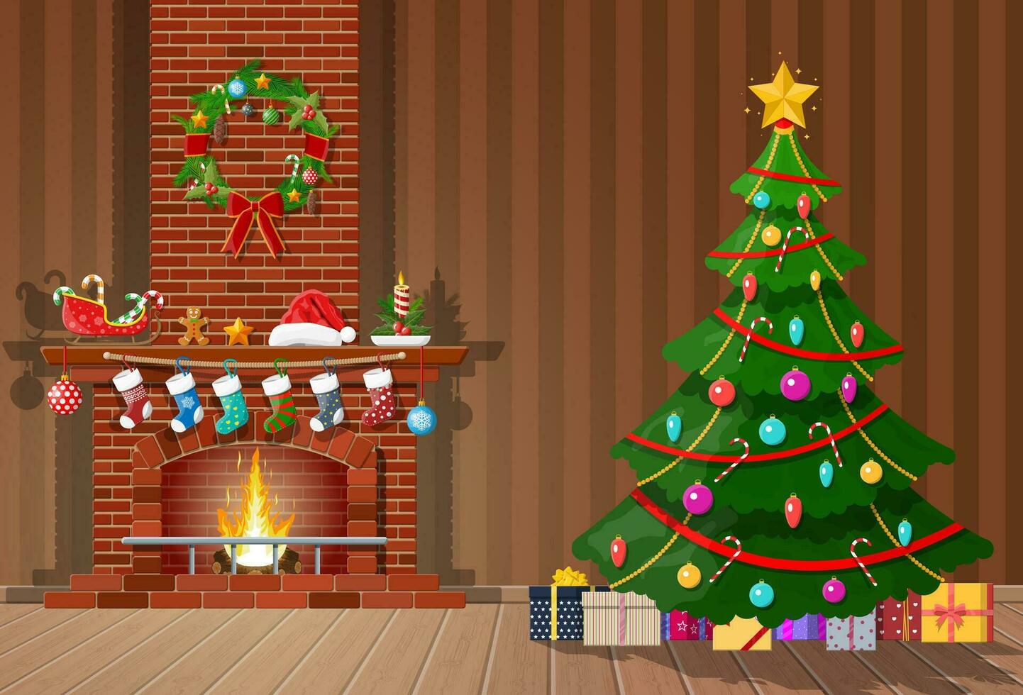 Kerstmis interieur van kamer met boom, cadeaus en versierd haard. gelukkig nieuw jaar decoratie. vrolijk Kerstmis vakantie. nieuw jaar en Kerstmis viering. vector illustratie vlak stijl