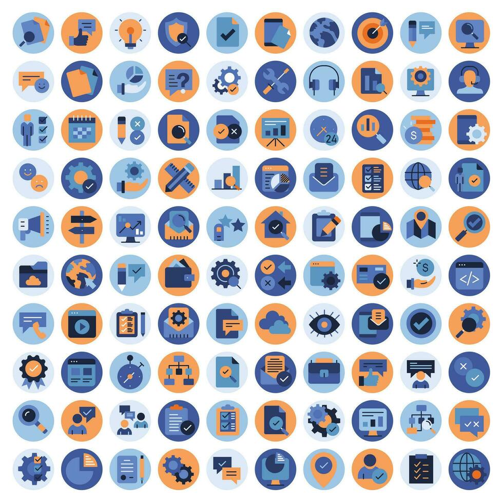 bedrijf en marketing, programmeren, gegevens beheer, internet verbinding, sociaal netwerk, computergebruik, informatie. blauw en oranje pictogrammen set. vlak vector illustratie