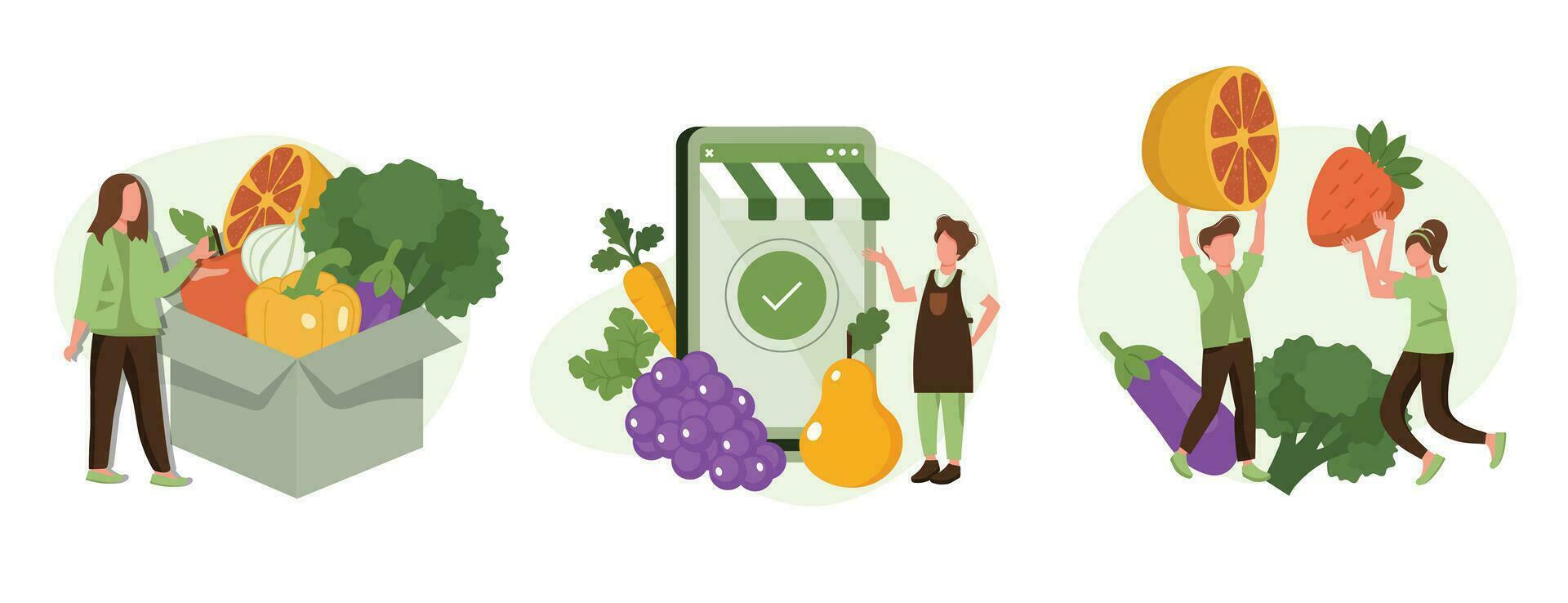 gezond aan het eten illustratie set. karakter buying vers biologisch fruit, groenten in online kruidenier winkel en ontvangen vegetarisch doos levering. lokaal productie ondersteuning concept. vector illustratie.