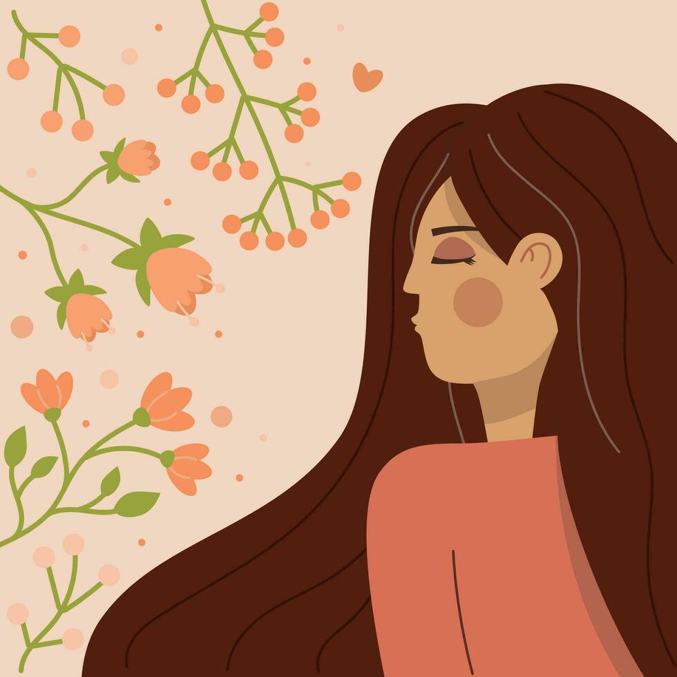 vector illustratie van een vrouw met lang haar- en bloemen, vrouwen dag, perzik kleur