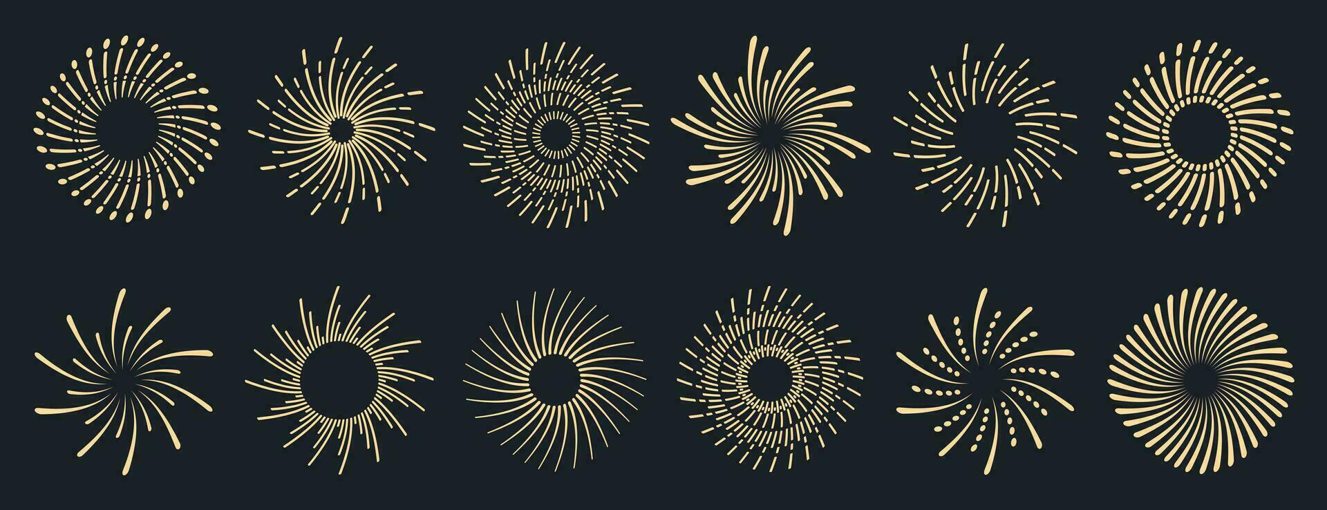 zonnestraal verzameling. radiaal zonsondergang balken. barsten gouden zon stralen. vuurwerk. logotype of belettering ontwerp element. vlak vector illustratie.