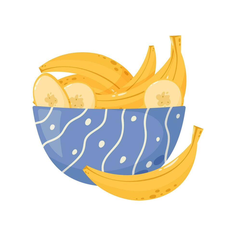 diep kom met banaan. gezond zomer fruit, geheel en plakjes. seizoen vitamine Product concept, gezond tussendoortje. vector illustratie in tekenfilm vlak stijl.