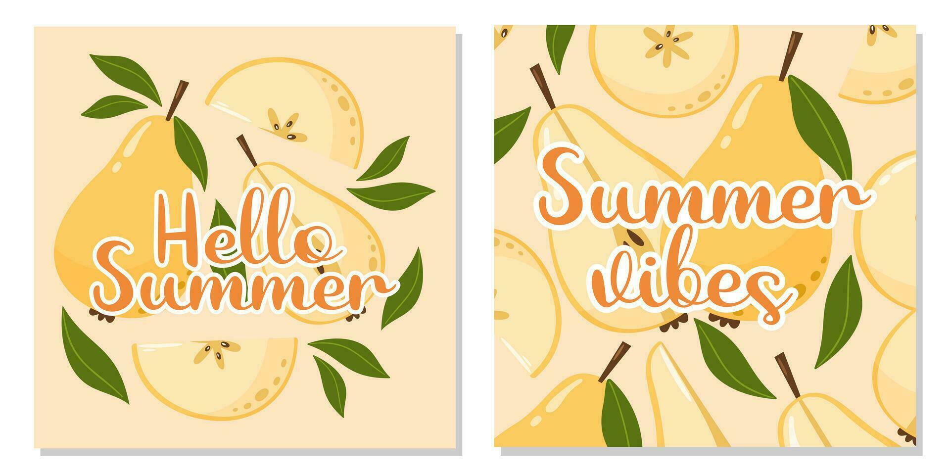 reeks van fruit kaarten met tekst Hallo zomer en zomer gevoel. Peer samenstelling met bladeren. vector plein illustratie voor banier, poster, folder, sociaal media