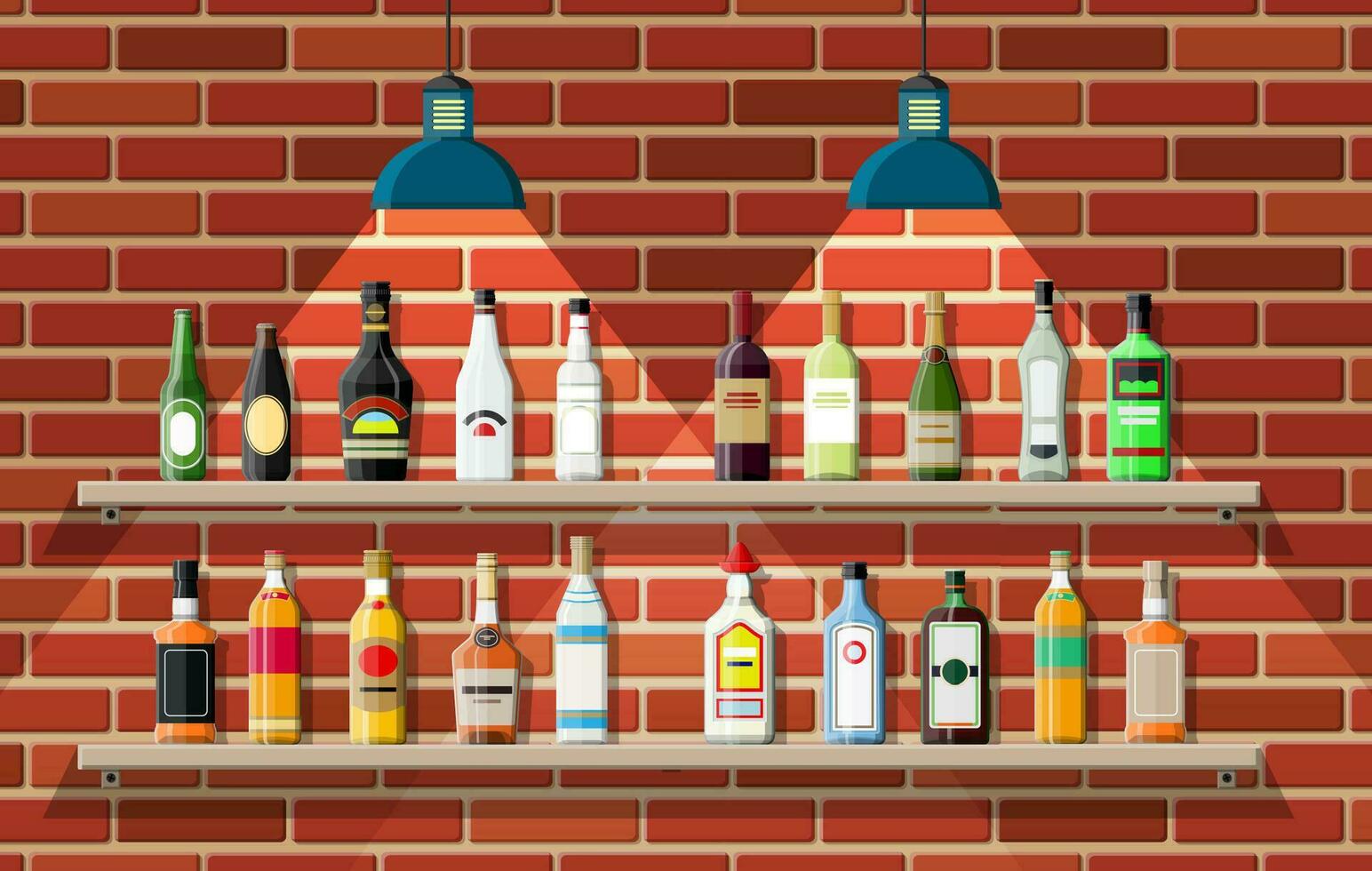 drinken vestiging. interieur van kroeg, cafe of bar. bar balie, schappen met alcohol flessen, lamp. houten en steen decor. vector illustratie in vlak stijl