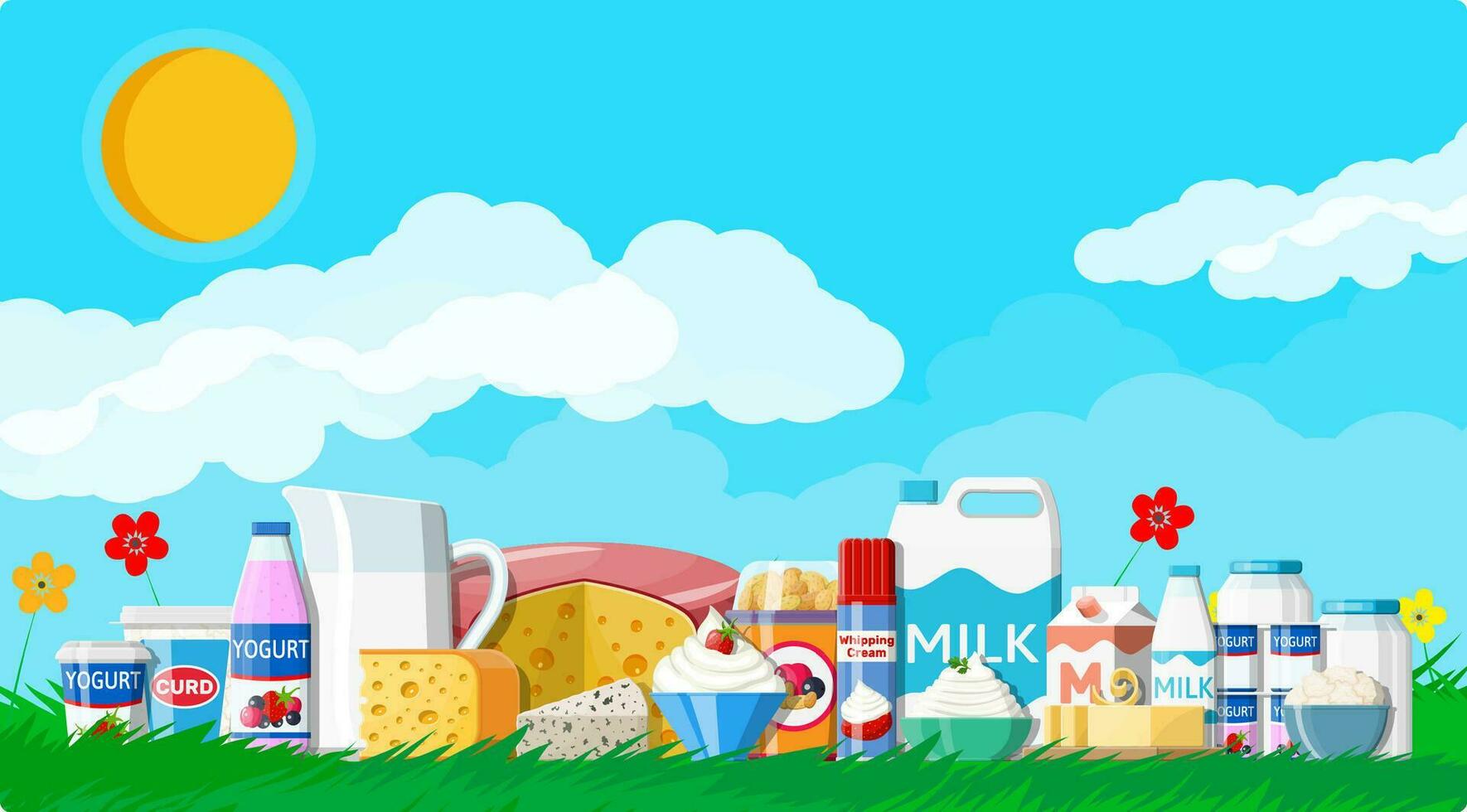 zuivel producten set. verzameling van melk voedsel. melk, kaas, yoghurt, boter, verzuren room, huisje, room. natuur gras bloemen wolk en zon. tradicional boerderij producten. vector illustratie vlak stijl