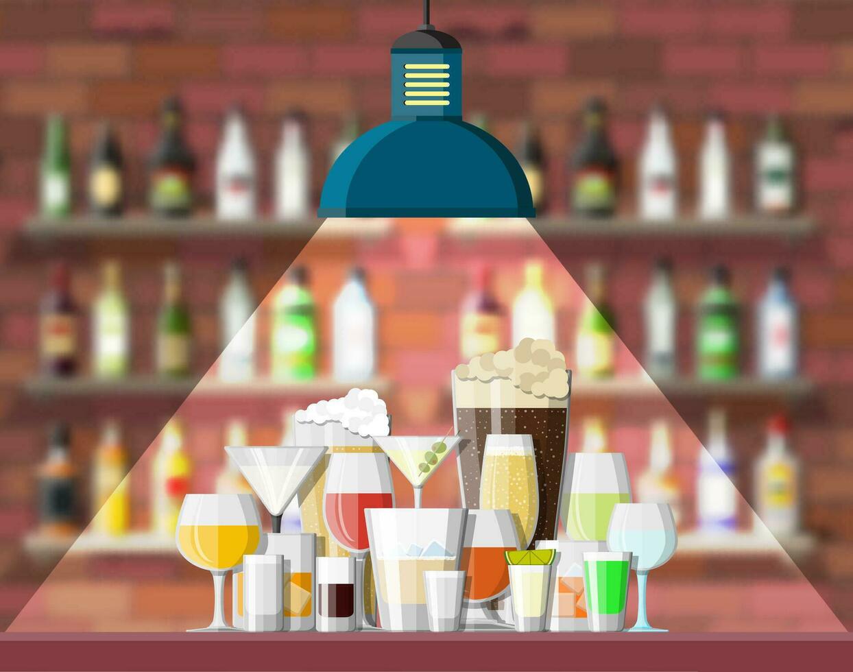 drinken vestiging. interieur van kroeg, cafe of bar. bar balie, schappen met alcohol flessen, lamp. houten en steen decor. vector illustratie in vlak stijl