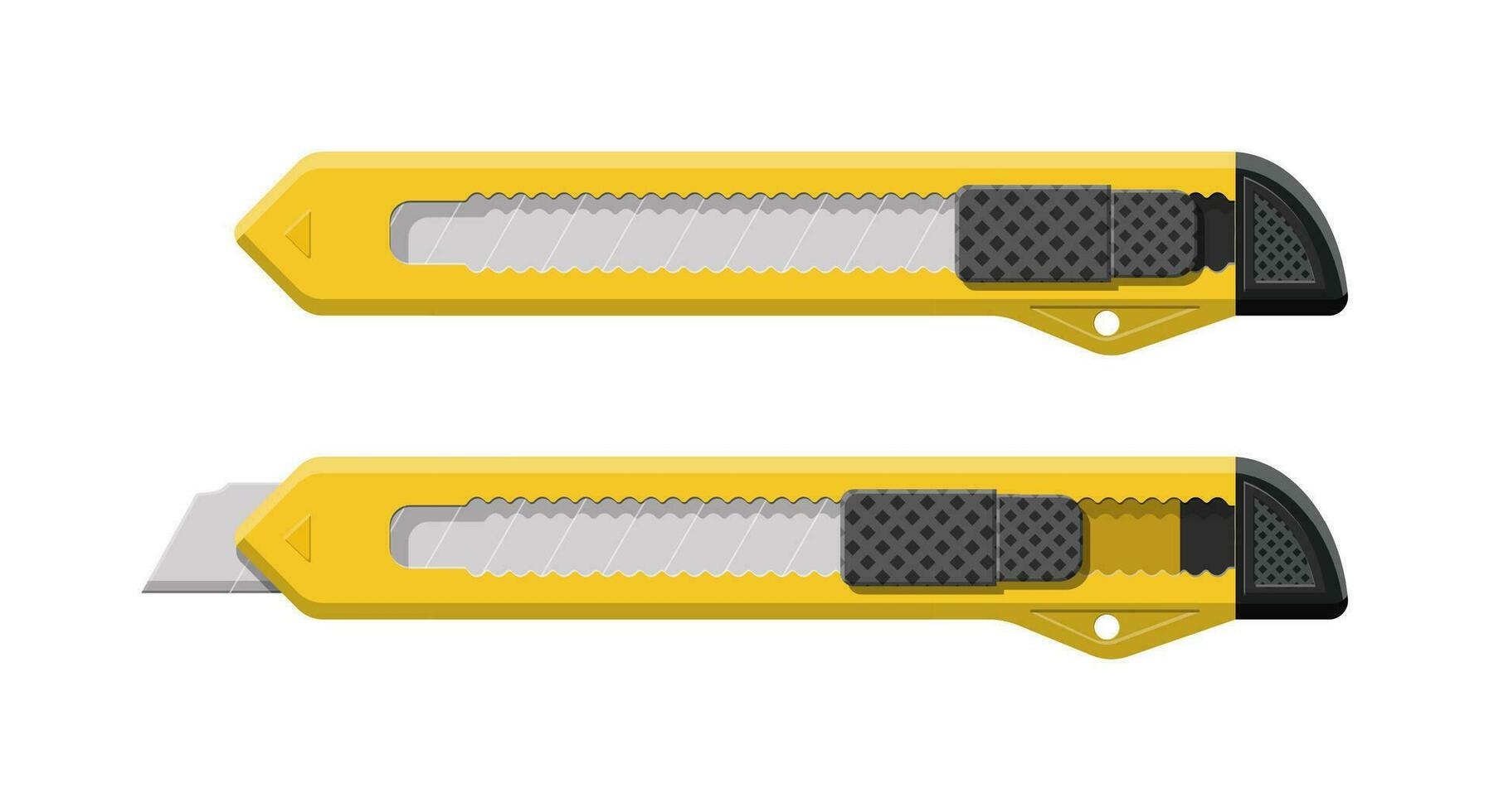 geel doos snijder instrument geïsoleerd Aan wit. afbreken blad, schrijfbehoeften kantoor levering mes. stanleymes hulpmiddel. vector illustratie in vlak stijl