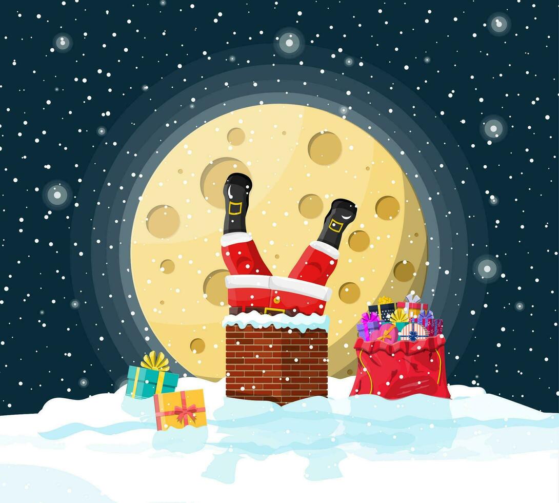 de kerstman claus met zak met cadeaus zit vast in huis schoorsteen, geschenk dozen in sneeuw. gelukkig nieuw jaar decoratie. vrolijk Kerstmis vooravond vakantie. nieuw jaar en Kerstmis viering. vector illustratie in vlak stijl