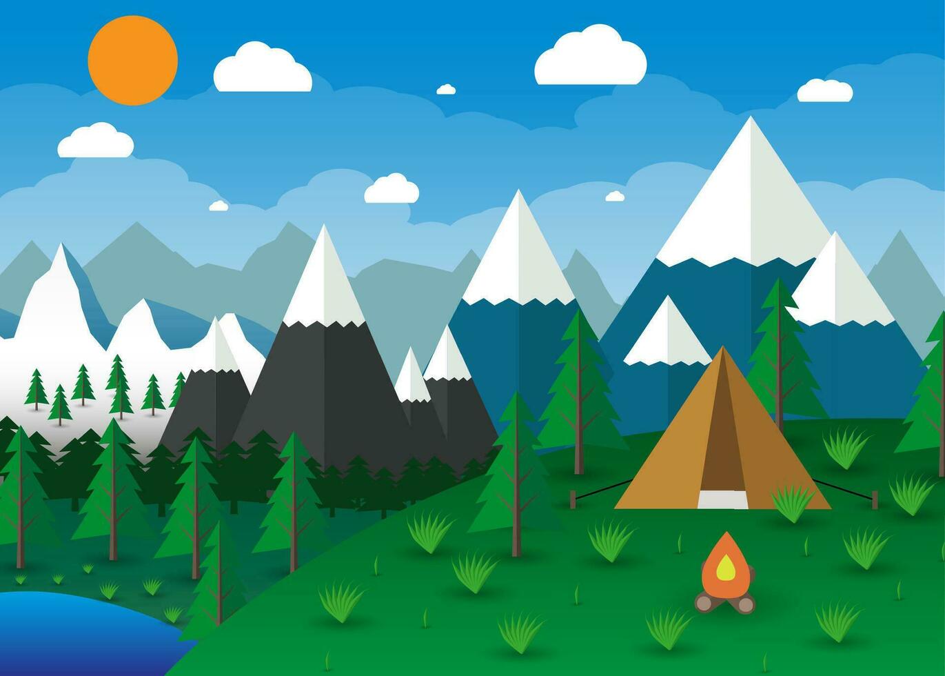 zomer camping met een kampvuur, meer, Woud, bergen, lucht, wolken, zon. reizen en vakantie concept. vector illustratie in vlak ontwerp