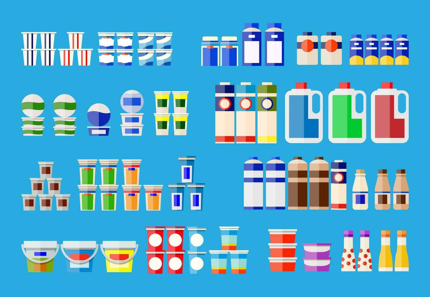 melk producten in divers pakketjes. traditioneel zuivel producten pictogrammen. yoghurt, melk, room, nagerecht, kaas, zure room. vector illustratie in vlak stijl