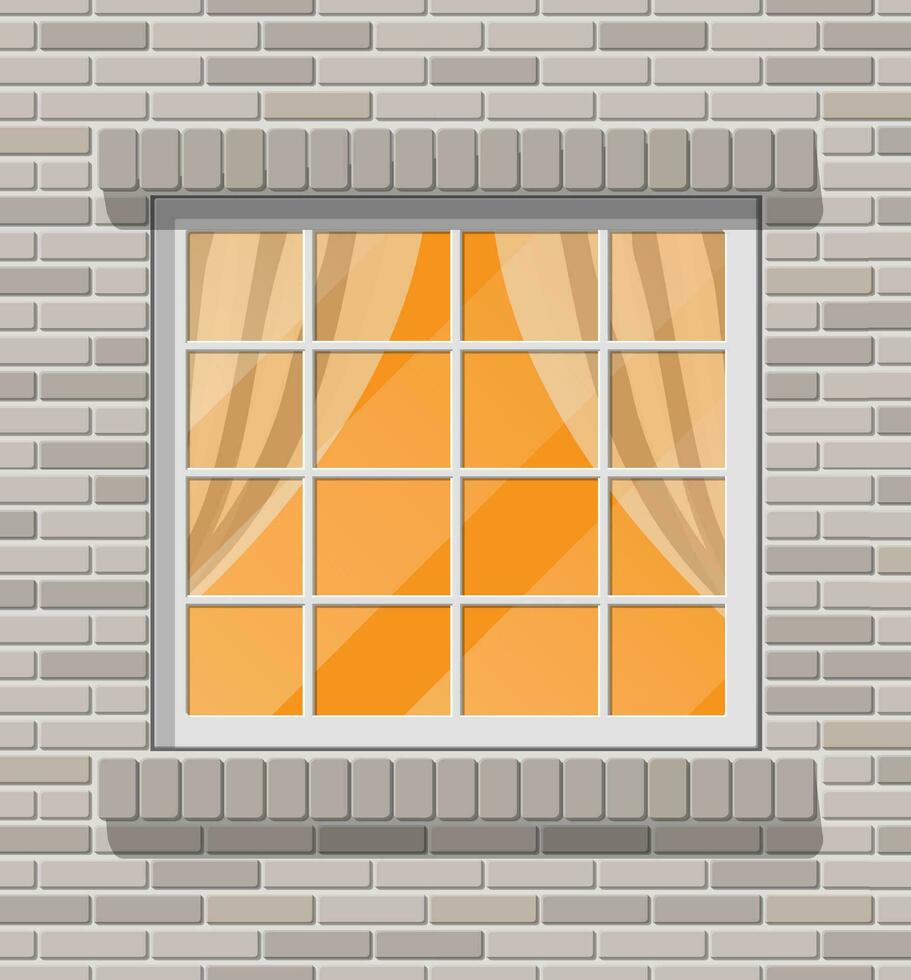 gebouw facade. houten klassiek venster in steen muur. architectuur, gebouw en bouw. vector illustratie in vlak stijl