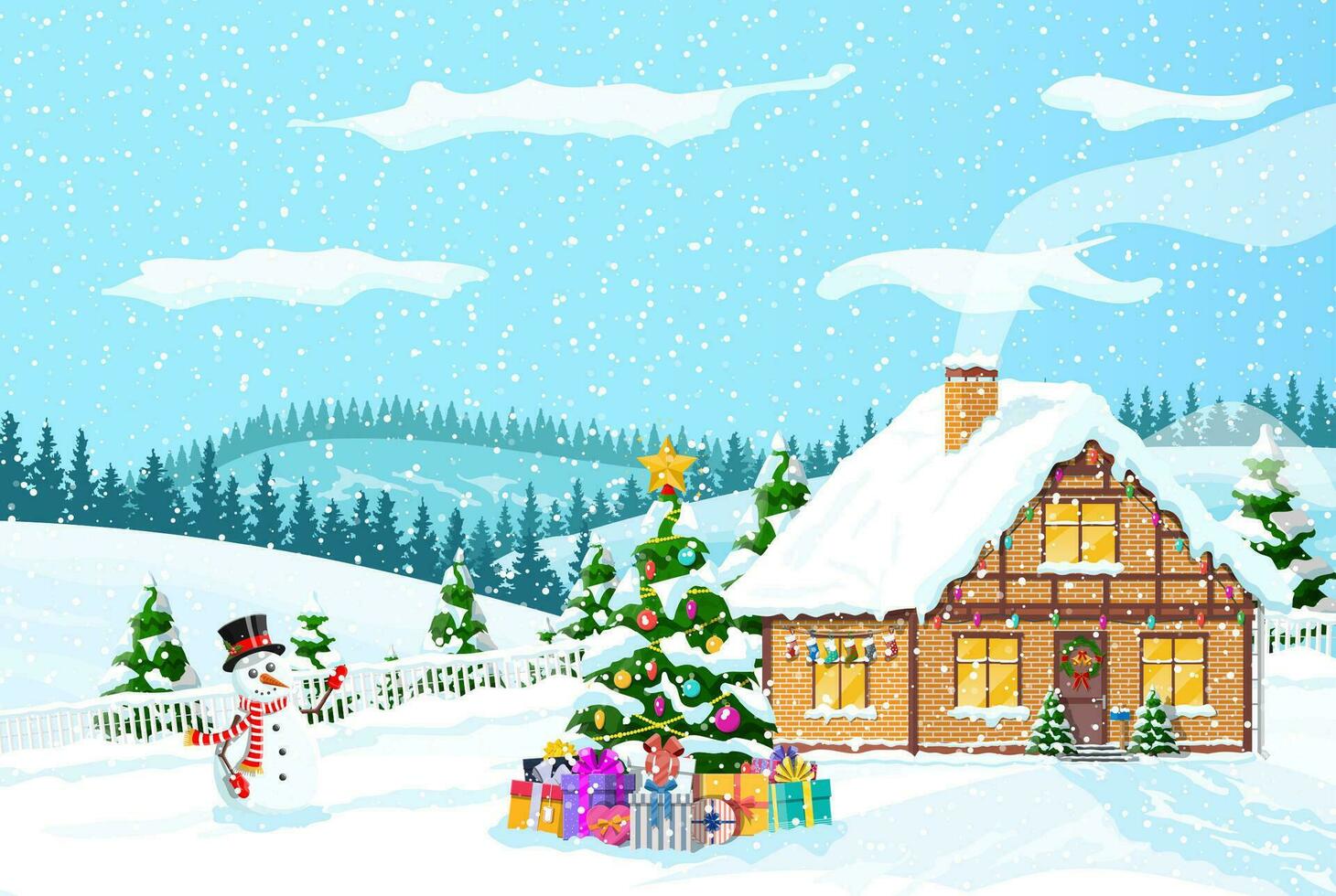 buitenwijk huis gedekt sneeuw. gebouw in vakantie ornament. Kerstmis landschap boom spar, sneeuwman. gelukkig nieuw jaar decoratie. vrolijk Kerstmis vakantie. nieuw jaar Kerstmis viering. vector illustratie