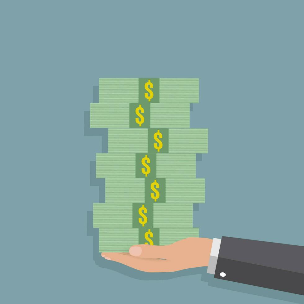 tekenfilm zakenman hand- Holding stapels van contant geld. vector illustratie Aan blauw achtergrond in vlak ontwerp