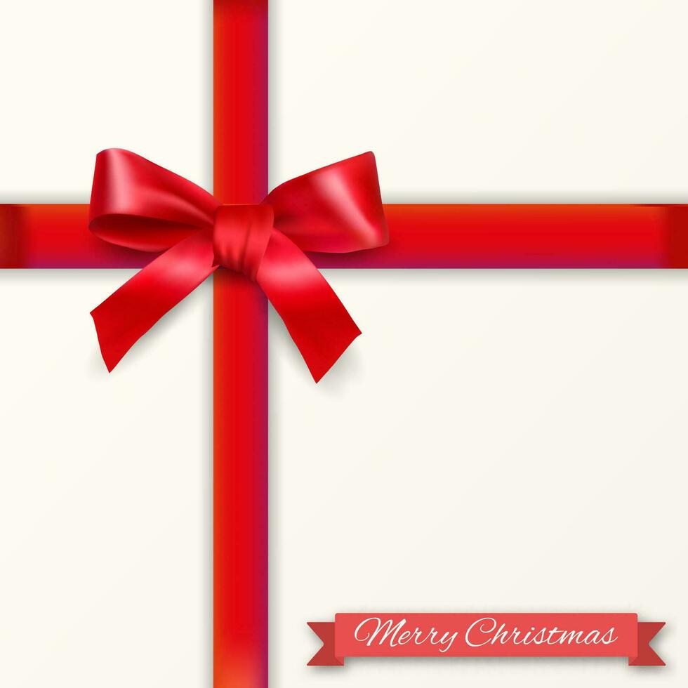 wit achtergrond met rood boog en ribons met schaduw en Kerstmis tekst. sjabloon voor groet en post- kaart. vector illustratie