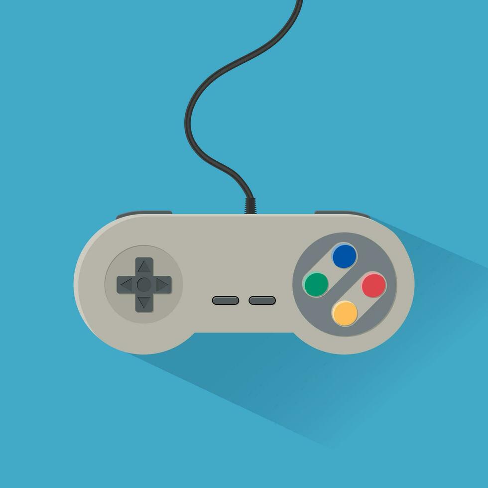 video spel controleur icoon. wijnoogst bedrade grijs gamepad. vector illustratie in vlak ontwerp met lang schaduw Aan blauw achtergrond