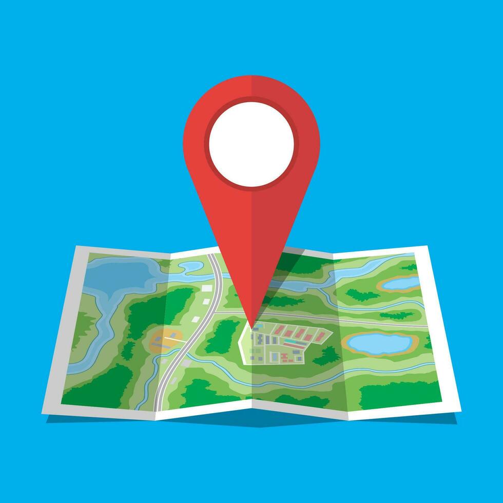 gevouwen papier stad buitenwijk kaart. abstract algemeen kaart met wegen, gebouwen, parken, rivier, meer. GPS en navigatie. vector illustratie in vlak stijl