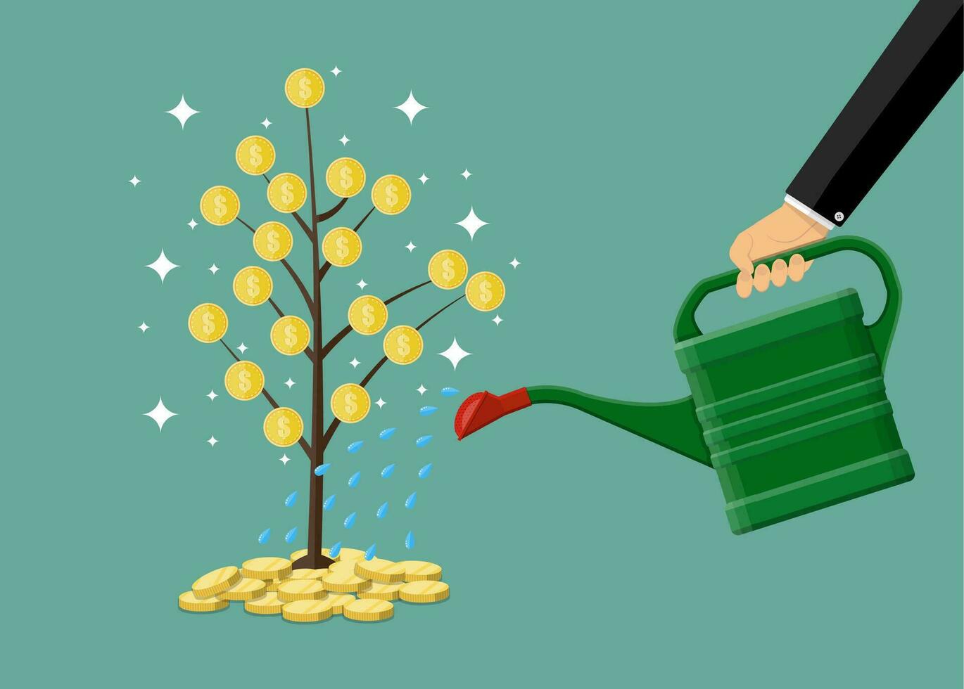 zakenman hand- gieter geld munt boom met kan. groei, investering concept. vector illustratie in vlak stijl