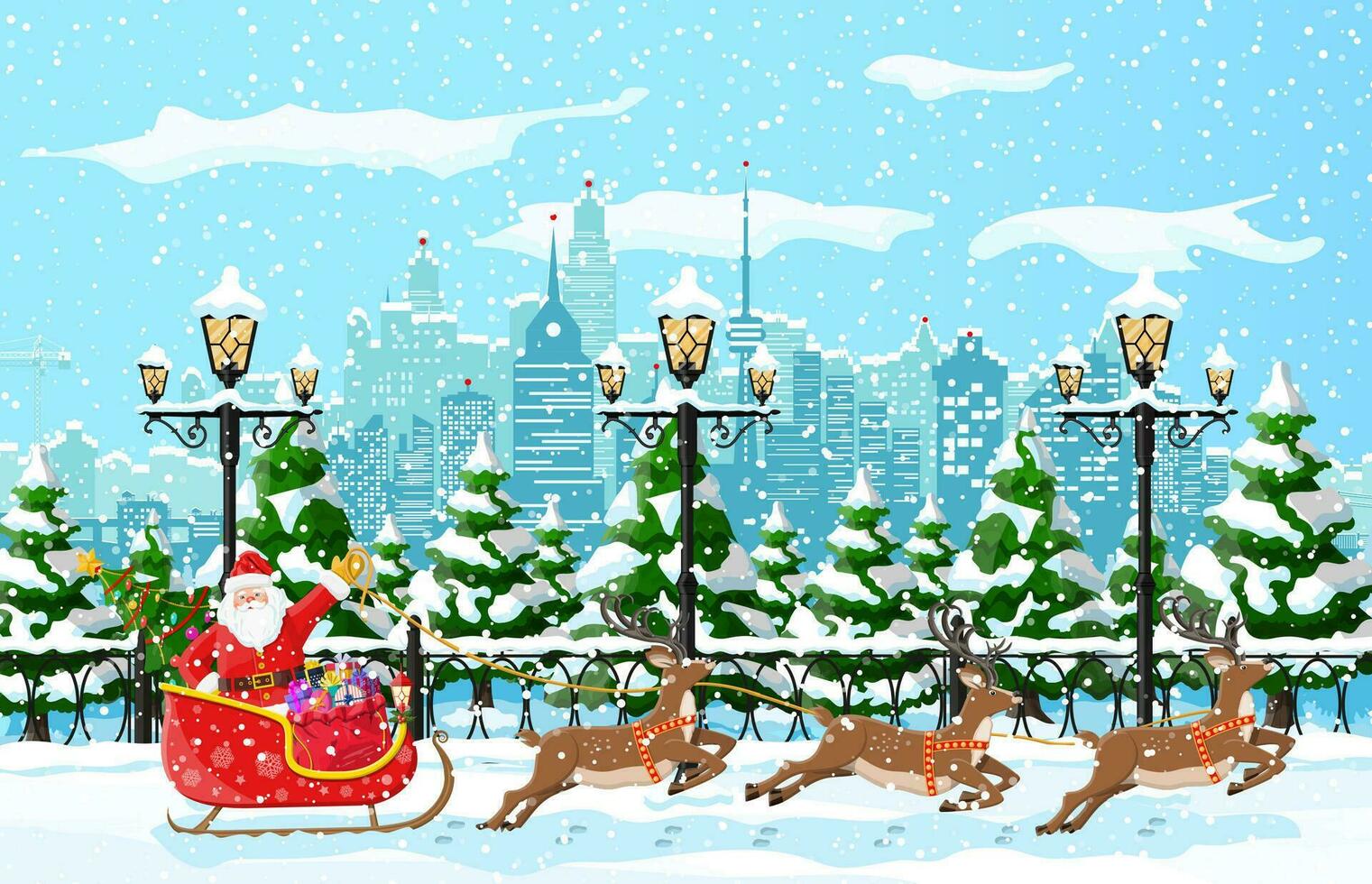 de kerstman claus ritten rendier slee. Kerstmis winter stadsgezicht, sneeuwvlokken en bomen. gelukkig nieuw jaar decoratie. vrolijk Kerstmis vakantie. nieuw jaar en Kerstmis viering. vector illustratie vlak stijl