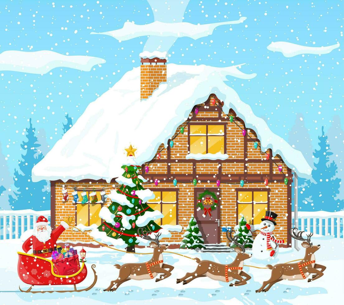 buitenwijk huis gedekt sneeuw. gebouw in vakantie ornament. Kerstmis landschap boom, sneeuwman, de kerstman slee rendieren. nieuw jaar decoratie. vrolijk Kerstmis vakantie Kerstmis viering. vector illustratie