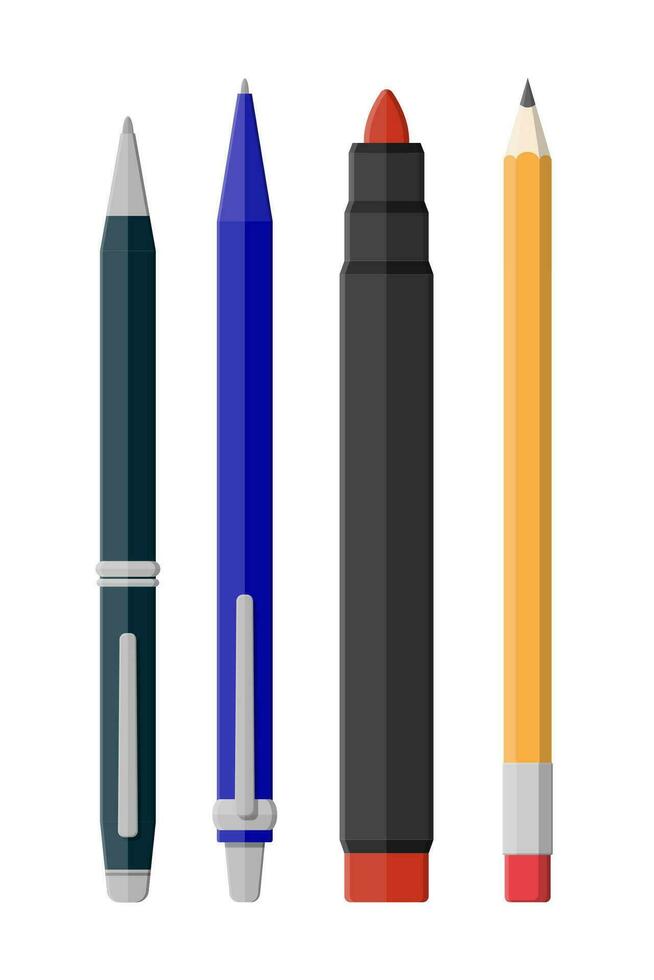 pennen, potlood, markeringen reeks geïsoleerd Aan wit. balpen pen, potlood met rubber gom en voelde pen. kantoor levering en schrijfbehoeften set. vector illustratie in vlak stijl