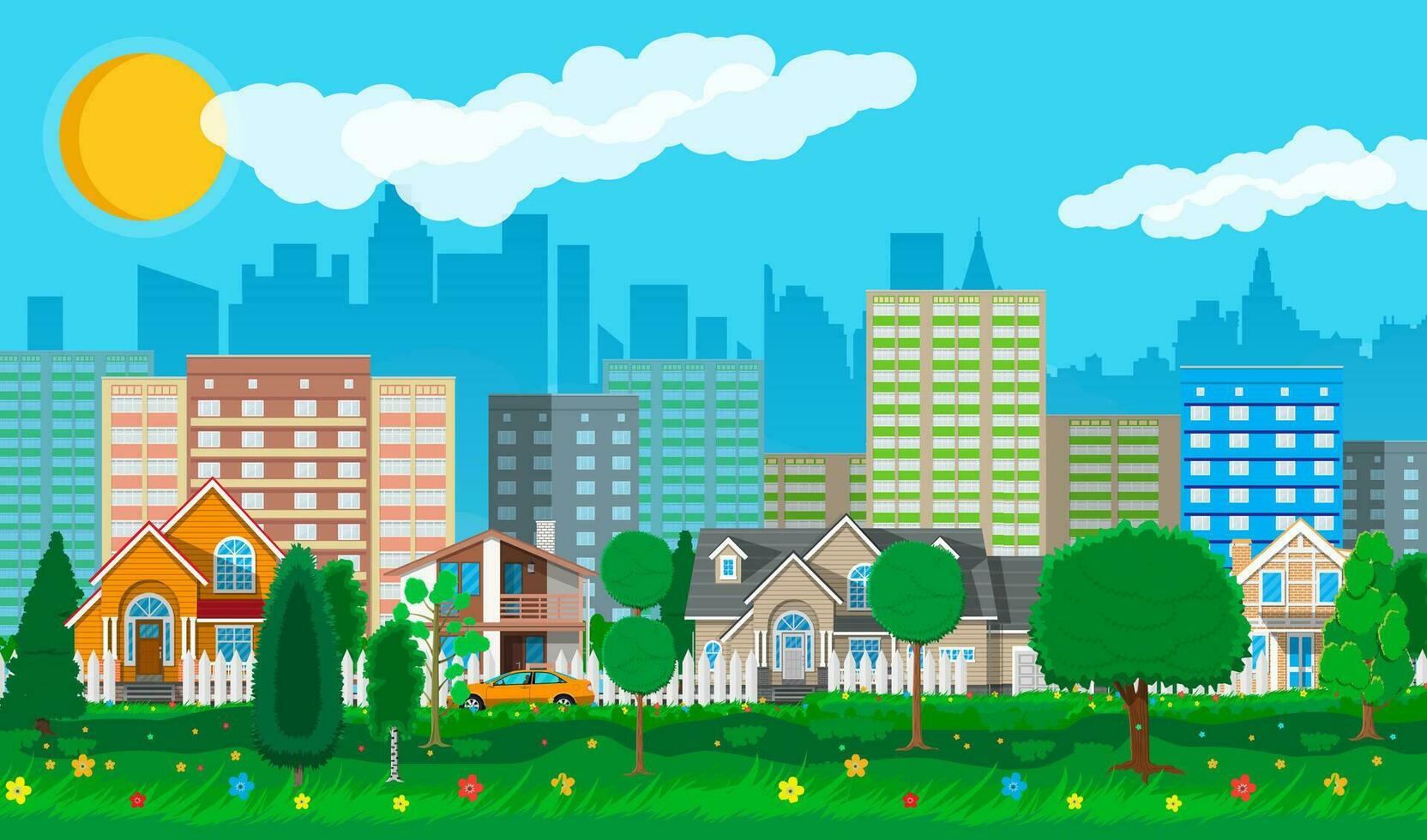 privaat buitenwijk huizen met auto, bomen, weg, lucht en wolken. stadsgezicht. stad buitenwijken. vector illustratie in vlak stijl