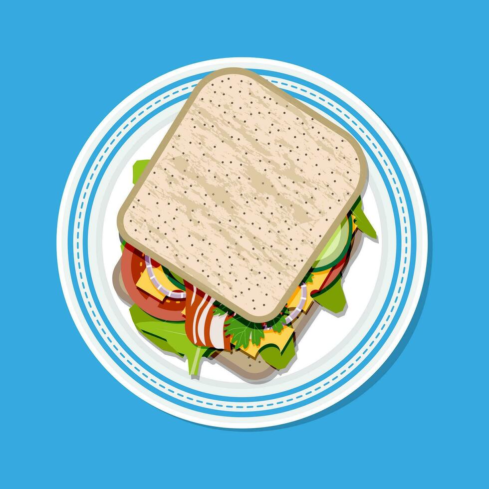 belegd broodje Aan bord top visie. geroosterd brood brood, tomaat, ham, salade en kaas. vector illustratie in vlak stijl Aan blauw achtergrond