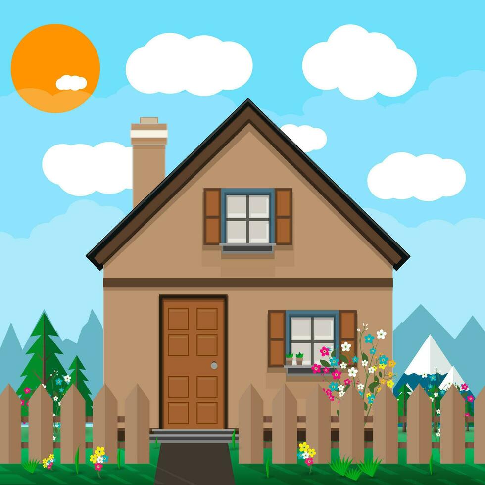 bruin houten huis en tuin met bloemen. bergen, blauw lucht, wit wolken. zon. zomer achtergrond. vector illustratie in vlak ontwerp