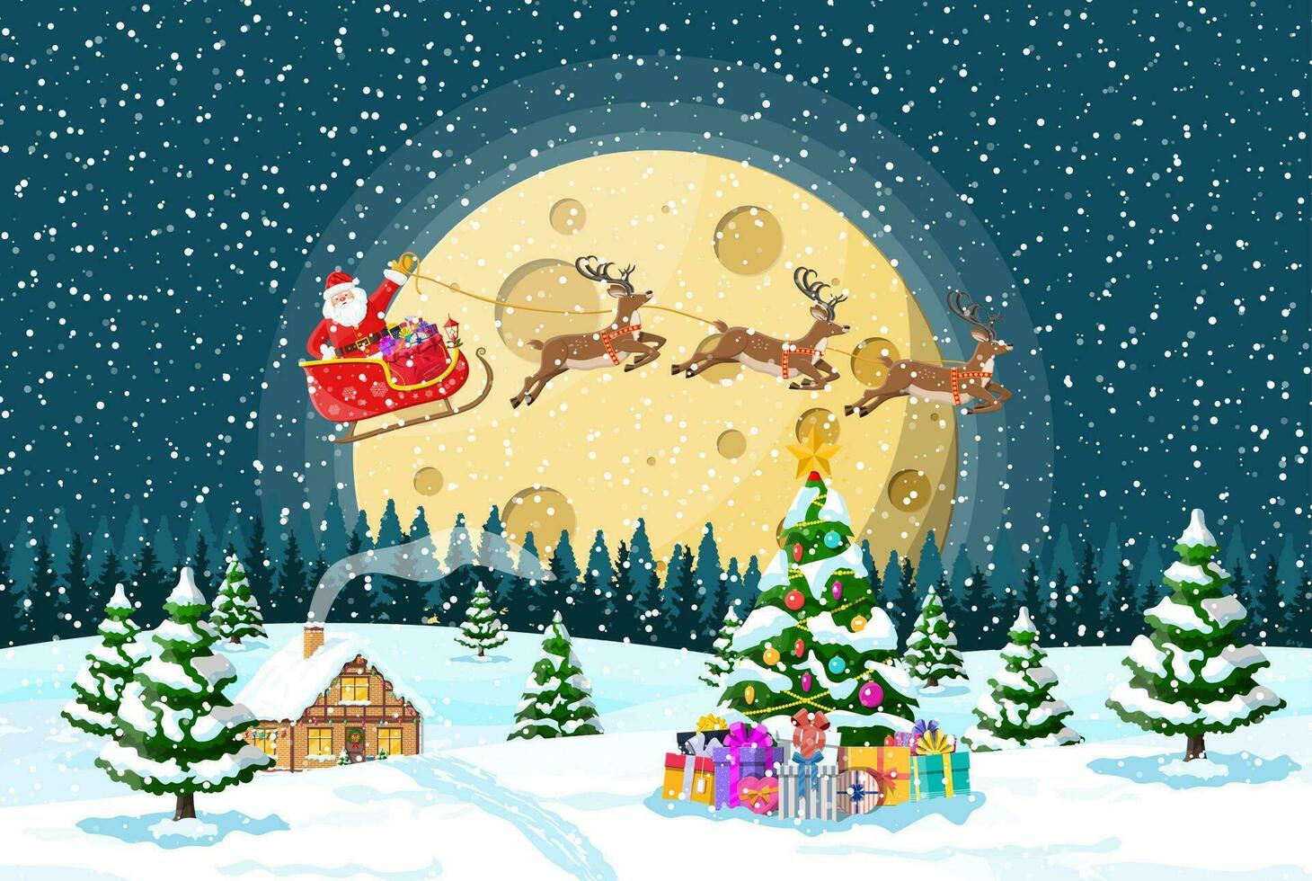 buitenwijk huis gedekt sneeuw. gebouw in vakantie ornament. Kerstmis landschap boom, de kerstman slee rendieren. nieuw jaar decoratie. vrolijk Kerstmis vakantie Kerstmis viering. vector illustratie