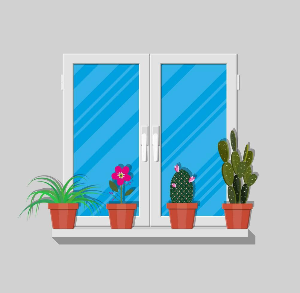 wit venster met bloemen Aan muur. vector illustratie in vlak stijl