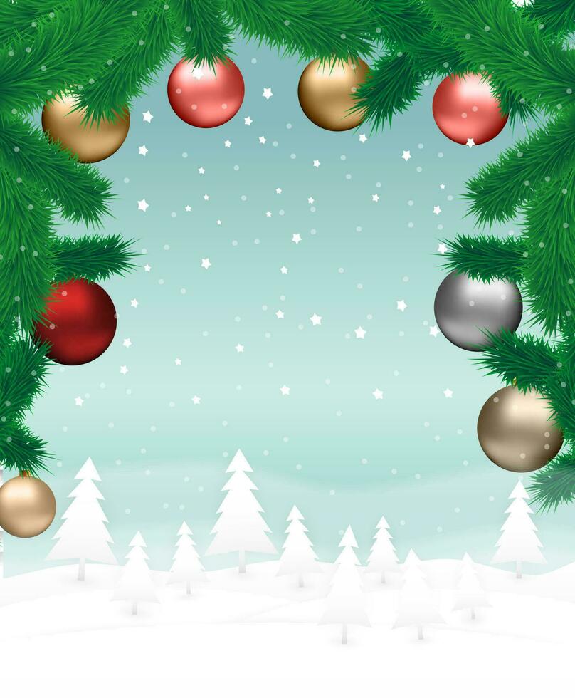 Kerstmis kaart met rood , goud en zilver glas ballen, vacht takken Bij sneeuw achtergrond met kerstmis bomen, vector illustratie, sjabloon voor groet en post- kaart.