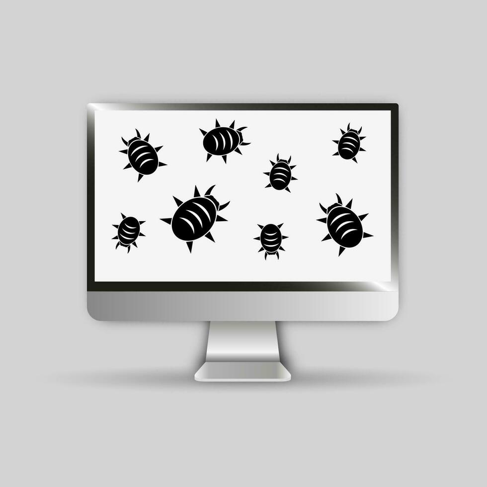 computer en zwart virus bugs Aan scherm, bureaublad pc is geïnfecteerde door malware, vector illustratie Aan grijs achtergrond