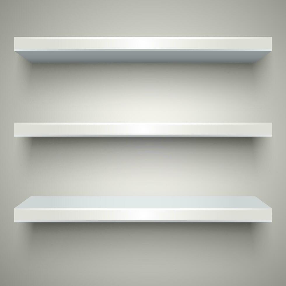 drie leeg wit plastic schappen met schaduwen Aan grijs licht achtergrond. vector illustratie