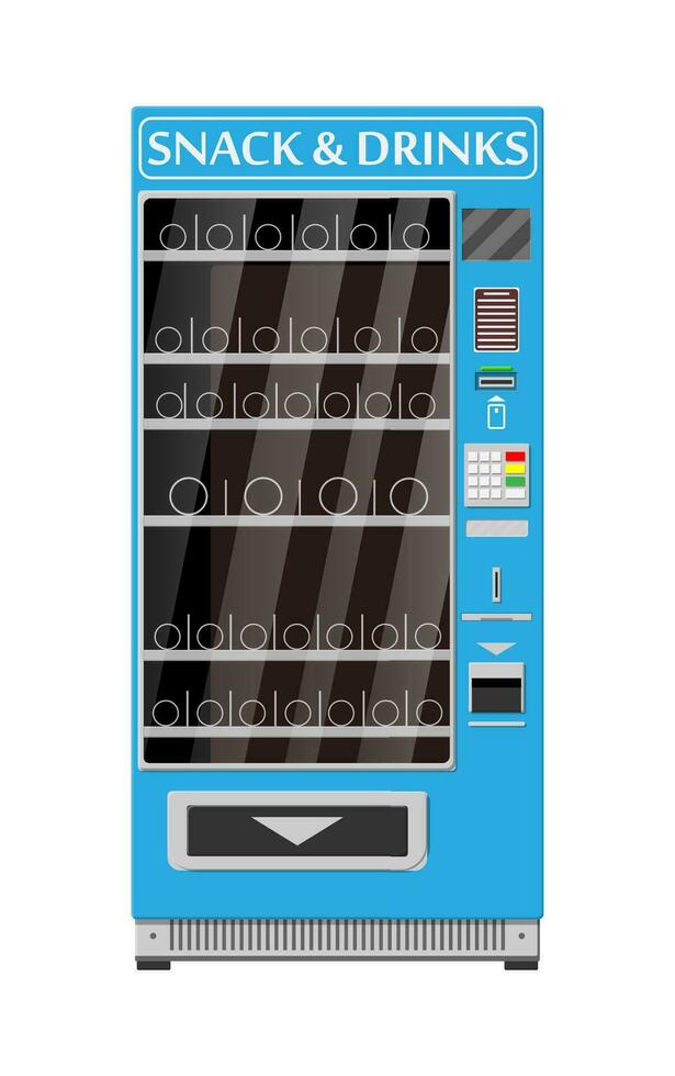 leeg automatisch verkoop machine voor voedsel en drankjes. flessen en blikjes met drankjes, chips, chocola en andere snacks. vector illustratie in vlak stijl