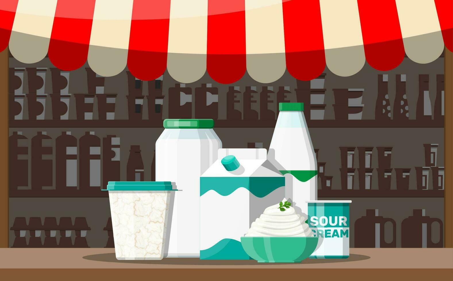 melk straat markt op te slaan kraam. boer winkel of vitrine balie. zuivel producten reeks verzameling van voedsel. melk kaas yoghurt boter verzuren room huisje room boerderij producten. vector illustratie vlak stijl