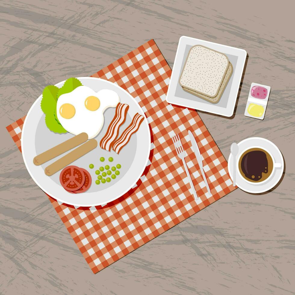 ontbijt set. deken Aan houten tafel. inclusief worstjes, gebakken eieren, becon, tomaat, erwt, salade, toast brood, jam en boter, koffie kop vork lepel en mes. vector illustratie in vlak ontwerp