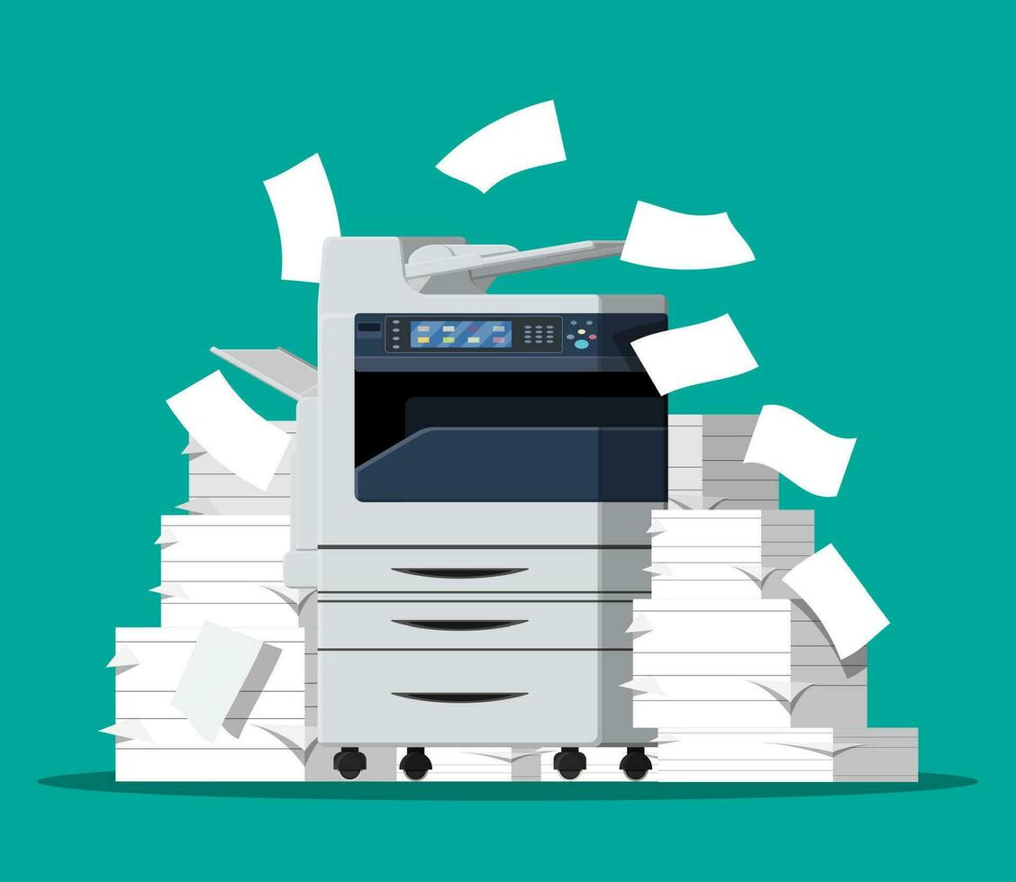 kantoor multifunctioneel machine. stapel van papier documenten. bureaucratie, papierwerk, chaos in kantoor. printer kopiëren scanner apparaat. professioneel het drukken station. vector illustratie in vlak stijl